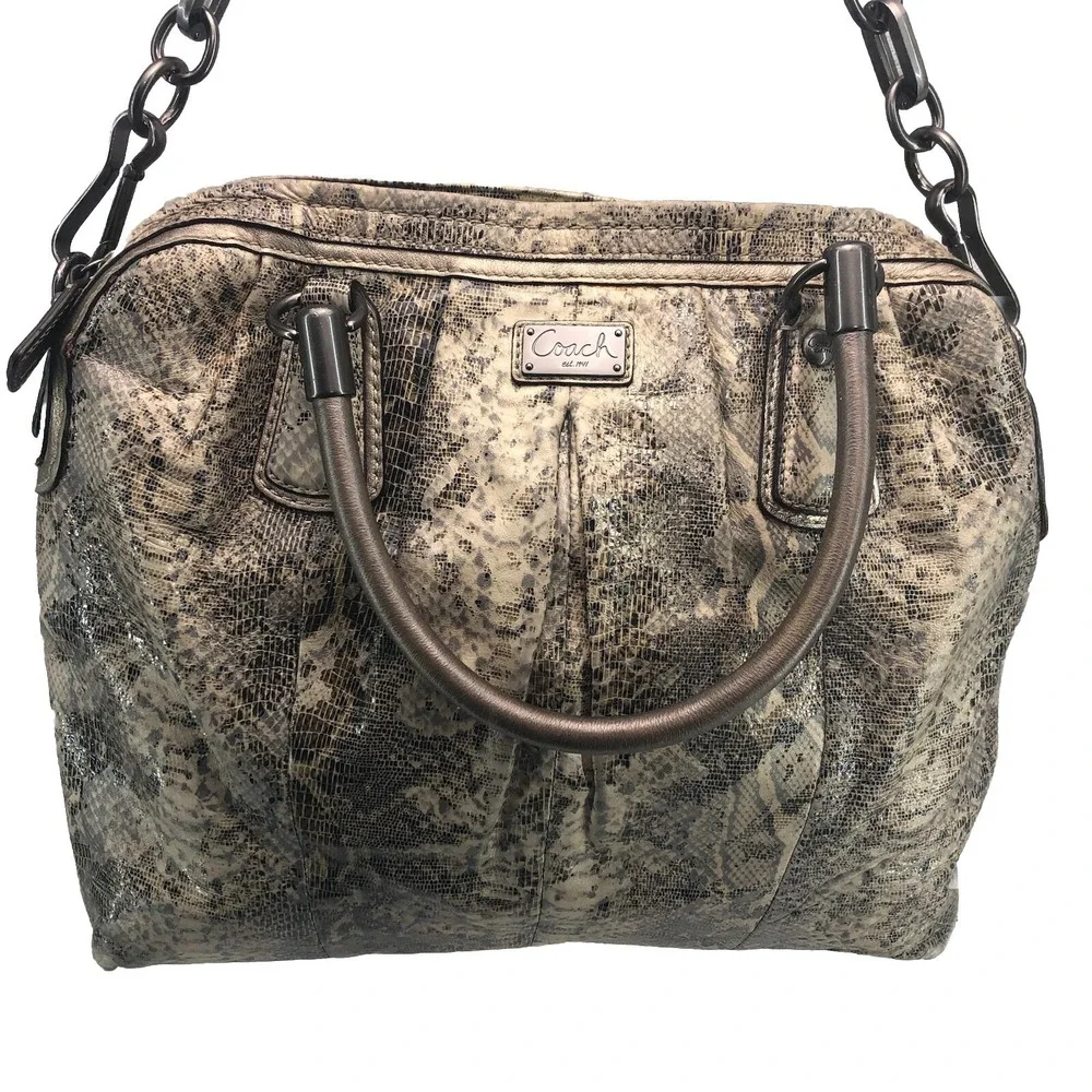 Coach Grey Python snakeskin Leather Shoulder Hobo Bag zip top pleated - Picture 1 of 10